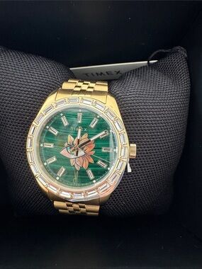 NWT Timex x Jacquie Aiche Malachite Evil Eye Watch — Gold Tone Crystal Bezel